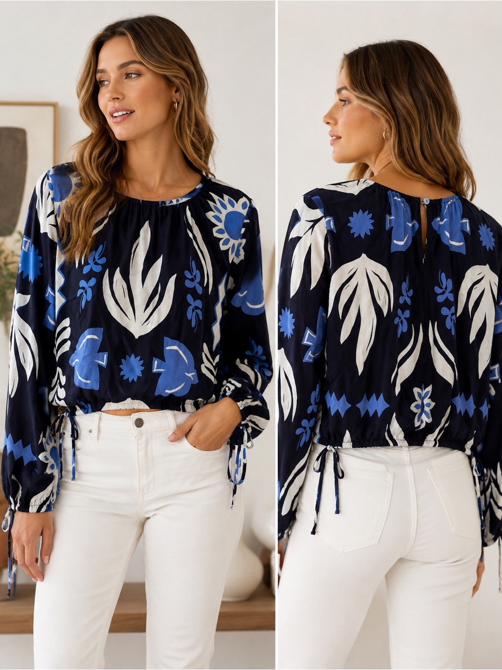 Fifteen Twenty Blue Abstract Floral Print Drawstring Blouse Top Large